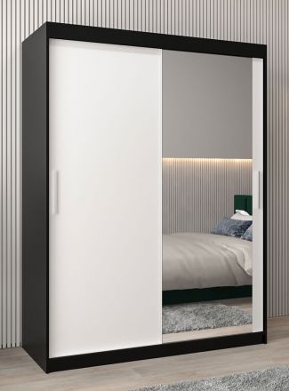 Armoire à portes coulissantes / Penderie Bisaurin 3C avec miroir, Couleur : Noir / Blanc mat - Dimensions : 200 x 150 x 62 cm ( H x L x P)