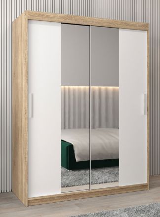 Armoire à portes coulissantes / Penderie Bisaurin 3B avec miroir, Couleur : Chêne de Sonoma / Blanc mat - Dimensions : 200 x 150 x 62 cm ( H x L x P)