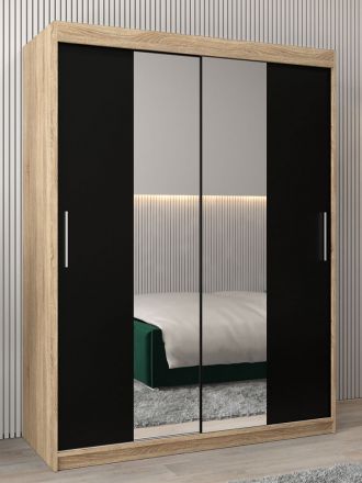 Armoire à portes coulissantes / Penderie Bisaurin 3B avec miroir, Couleur : Chêne de Sonoma / Wengé - Dimensions : 200 x 150 x 62 cm ( H x L x P)