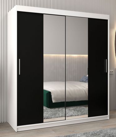 Armoire à portes coulissantes / Penderie Bisaurin 4B avec miroir, Couleur : Blanc mat / Noir - Dimensions : 200 x 180 x 62 cm ( H x L x P)