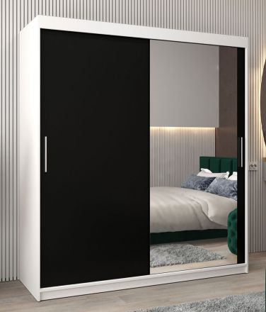 Armoire à portes coulissantes / Penderie Bisaurin 4C avec miroir, Couleur : Blanc mat / Noir - Dimensions : 200 x 180 x 62 cm ( H x L x P)