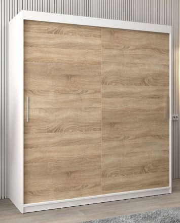 Armoire à portes coulissantes / Penderie Bisaurin 4A, Couleur : Blanc mat / Chêne de Sonoma - Dimensions : 200 x 180 x 62 cm ( H x L x P)