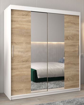 Armoire à portes coulissantes / Penderie Bisaurin 4B avec miroir, Couleur : Blanc mat / Chêne de Sonoma - Dimensions : 200 x 180 x 62 cm ( H x L x P)