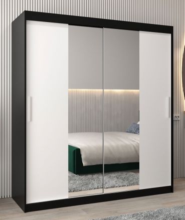 Armoire à portes coulissantes / Penderie Bisaurin 4B avec miroir, Couleur : Noir / Blanc mat - Dimensions : 200 x 180 x 62 cm ( H x L x P)