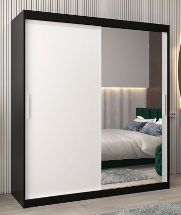 Armoire à portes coulissantes / Penderie Bisaurin 4C avec miroir, Couleur : Noir / Blanc mat - Dimensions : 200 x 180 x 62 cm ( H x L x P)