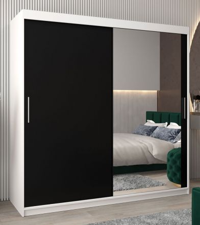 Armoire à portes coulissantes / Penderie Bisaurin 5C avec miroir, Couleur : Blanc mat / Noir - Dimensions : 200 x 200 x 62 cm ( H x L x P)