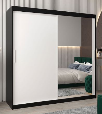 Armoire à portes coulissantes / Penderie Bisaurin 5C avec miroir, Couleur : Noir / Blanc mat - Dimensions : 200 x 200 x 62 cm ( H x L x P)