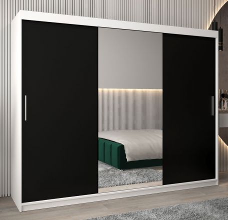 Armoire à portes coulissantes / Penderie Bisaurin 6B avec miroir, Couleur : Blanc mat / Noir - Dimensions : 200 x 250 x 62 cm ( H x L x P)