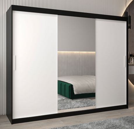 Armoire à portes coulissantes / Penderie Bisaurin 6B avec miroir, Couleur : Noir / Blanc mat - Dimensions : 200 x 250 x 62 cm ( H x L x P)