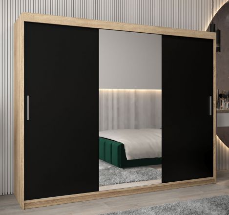 Armoire à portes coulissantes / Penderie Bisaurin 6B avec miroir, Couleur : Chêne de Sonoma / Wengé - Dimensions : 200 x 250 x 62 cm ( H x L x P)