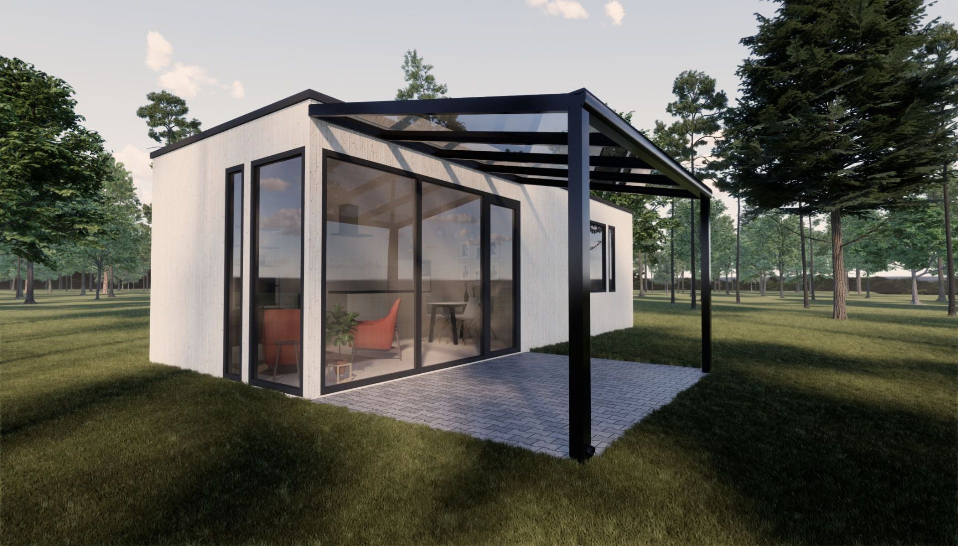 Abri de terrasse L 02, Toiture : polycarbonate transparent 16 mm, Surface au sol : 14,25 m² - Dimensions : 350 x 407 cm (l x L)