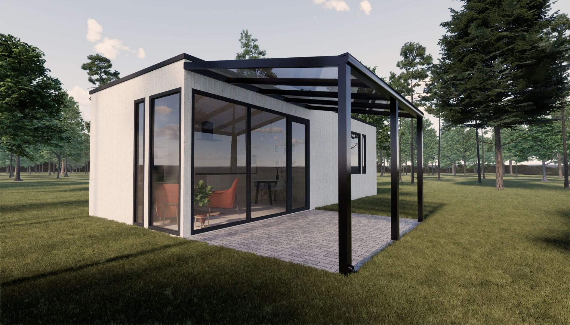 Abri de terrasse XL 02, Toit : verre transparent 10 mm, Surface au sol : 16,28 m² - Dimensions : 400 x 407 cm (l x L)