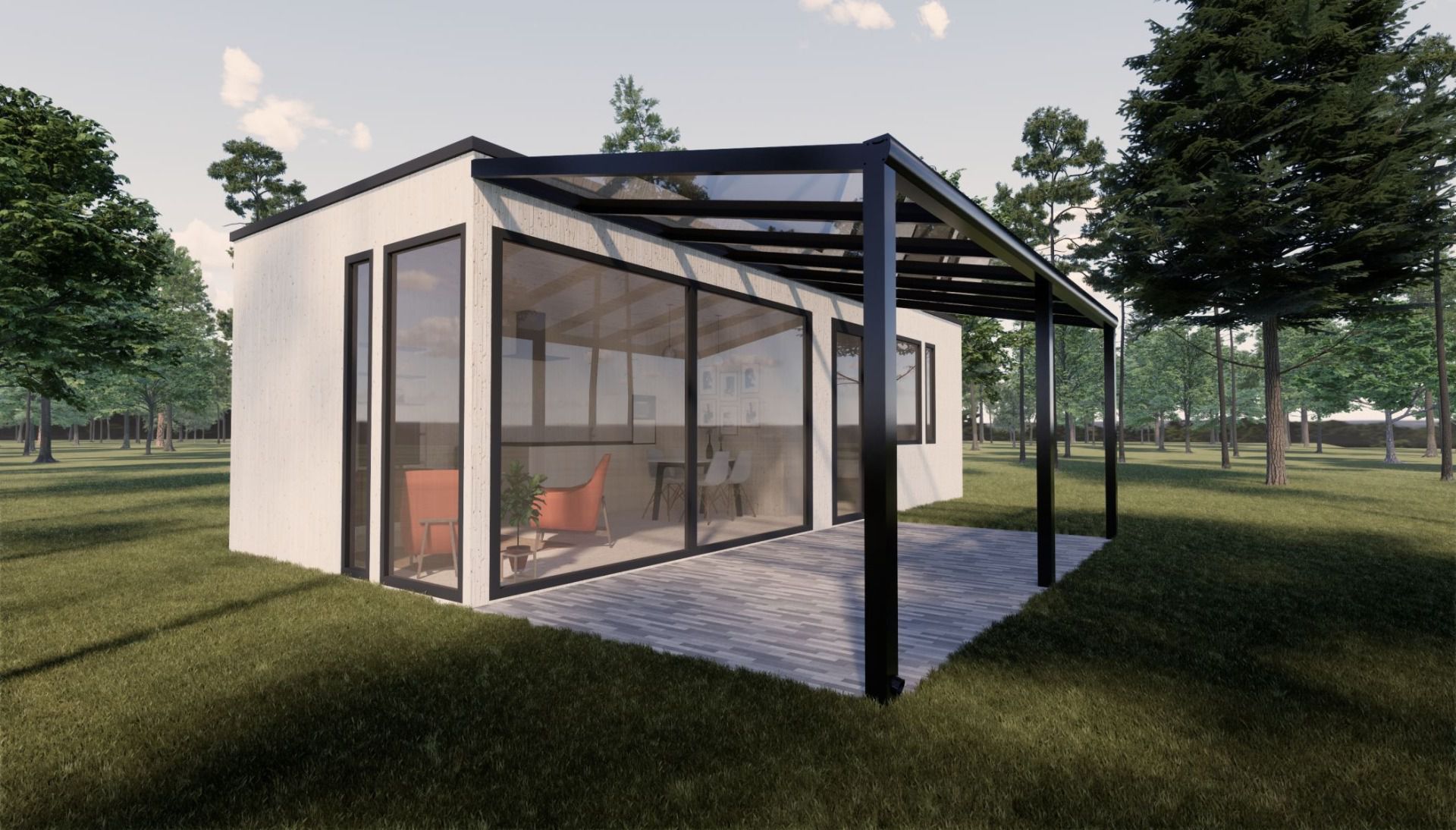 Abri de terrasse XL 04, Toit : verre transparent 10 mm, Surface au sol : 24,36 m² - Dimensions : 400 x 609 cm (l x L)