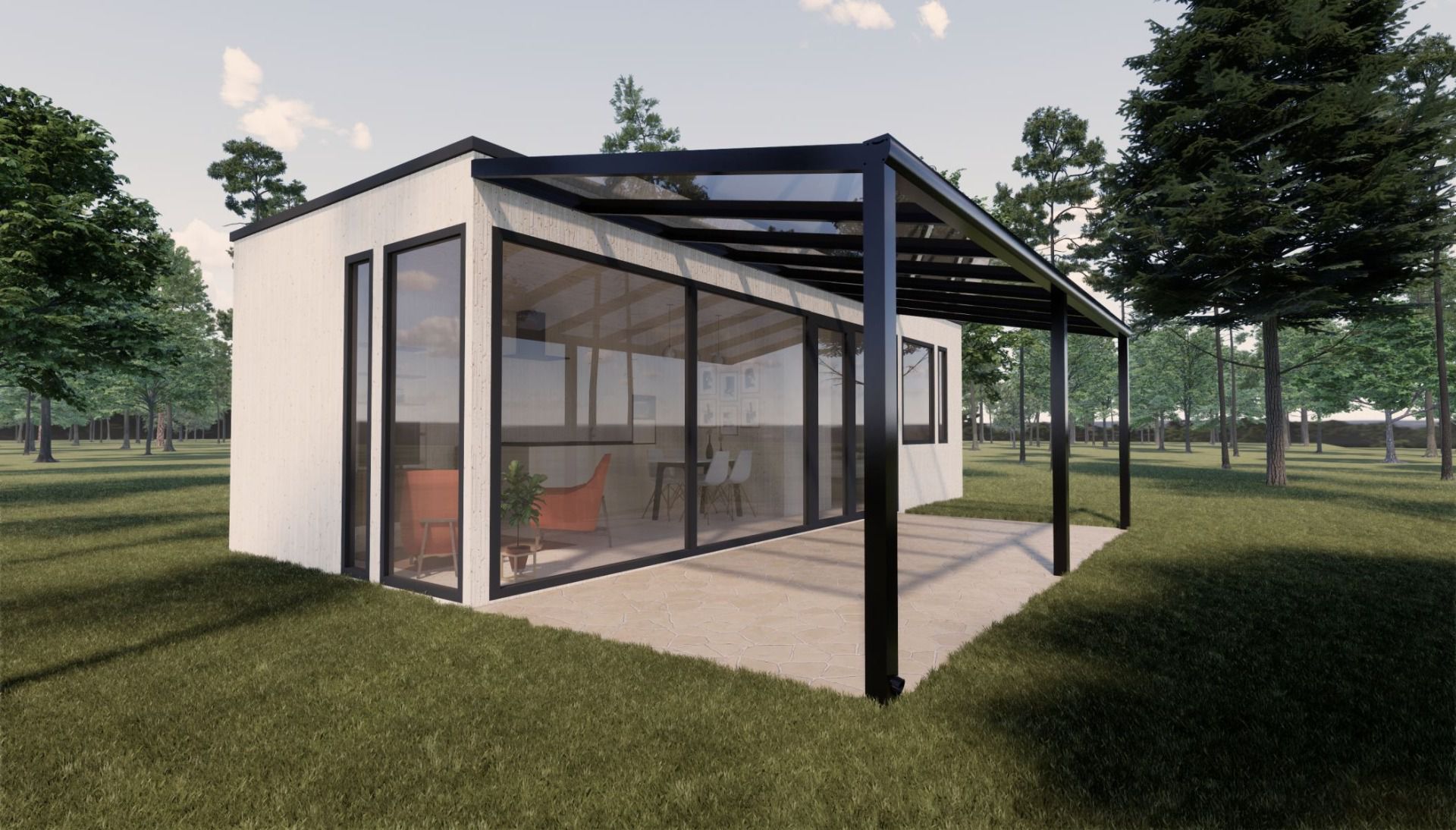 Abri de terrasse L 05, Toiture : polycarbonate transparent 16 mm, Surface au sol : 24,85 m² - Dimensions : 350 x 710 cm (l x L)