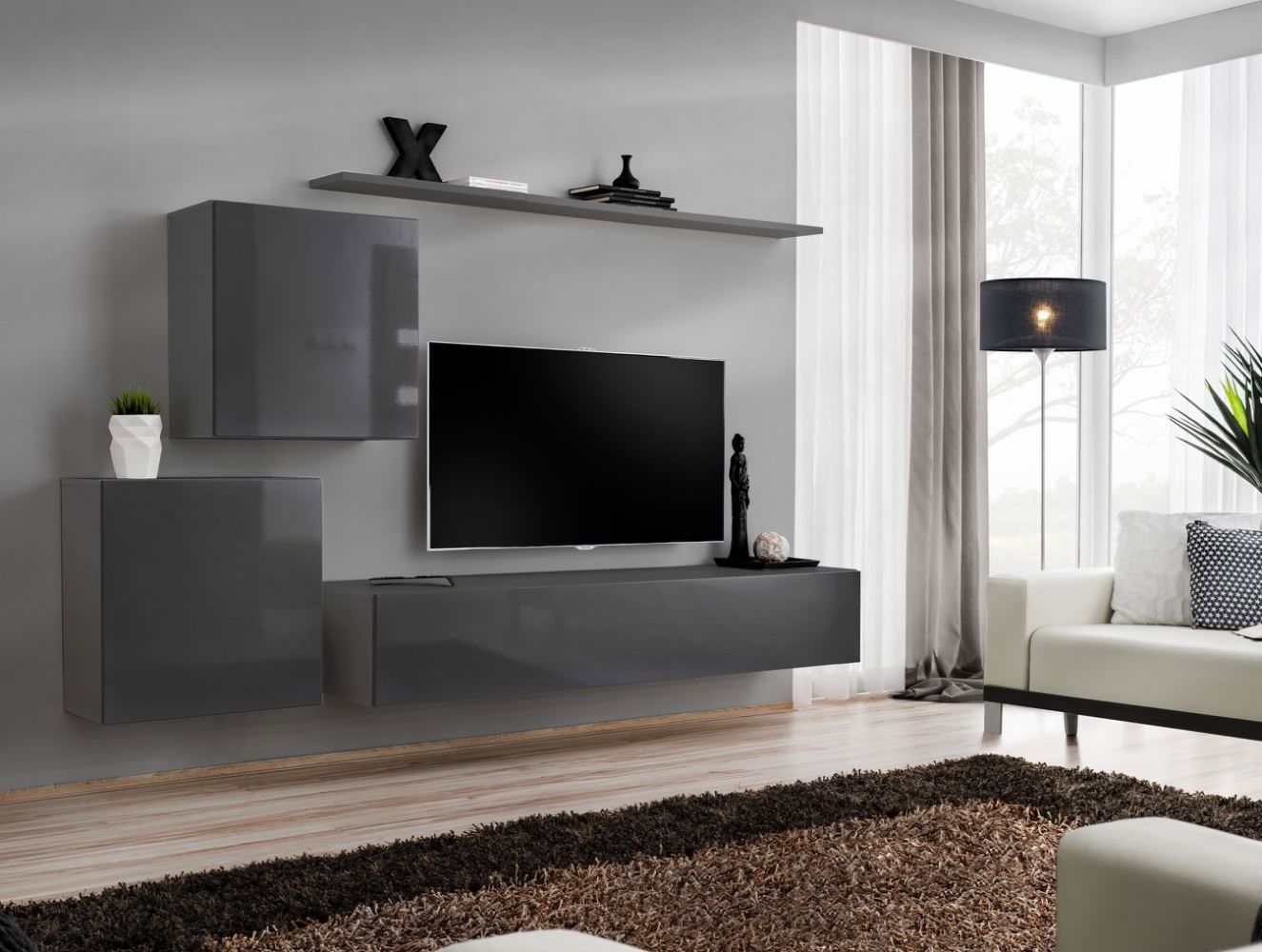 Exceptionnel meuble-paroi Balestrand 67, couleur : gris - dimensions : 150 x 250 x 40 cm (h x l x p), avec sept compartiments