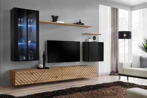 Elégant meuble-paroi Kongsvinger 82, couleur : chêne wotan / noir brillant - dimensions : 160 x 270 x 40 cm (h x l x p), avec suffisamment d'espace de rangement