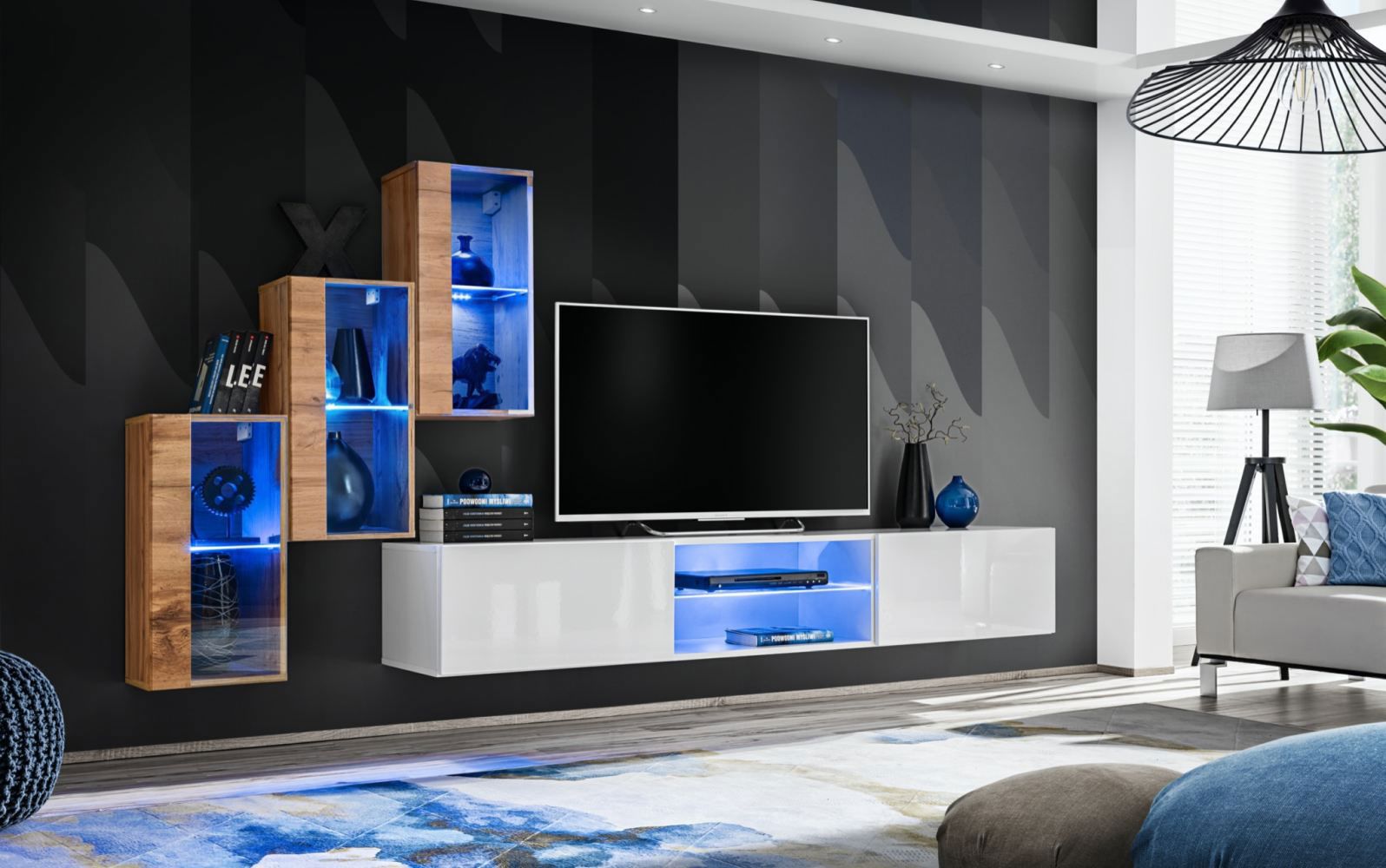 Mur de salon exceptionnel avec cinq portes Volleberg 27, Couleur : Chêne wotan / Blanc - Dimensions : 120 x 210 x 40 cm (H x L x P), avec éclairage LED bleu