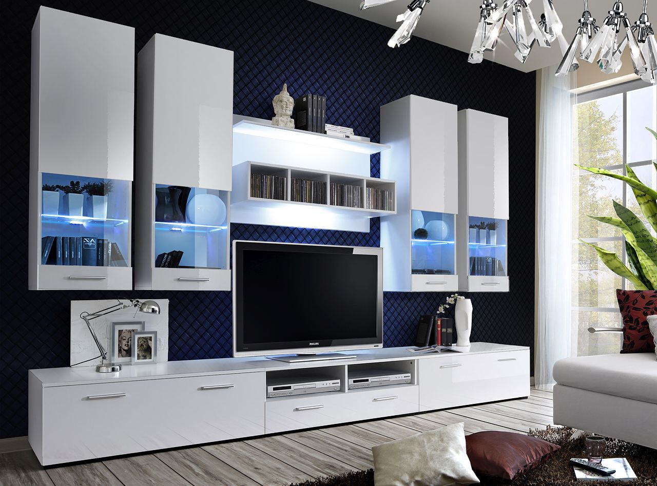 Mur de salon stylé Bjordal 69, Couleur : Blanc brillant - dimensions : 190 x 300 x 45 cm (H x L x P), avec grand espace de rangement