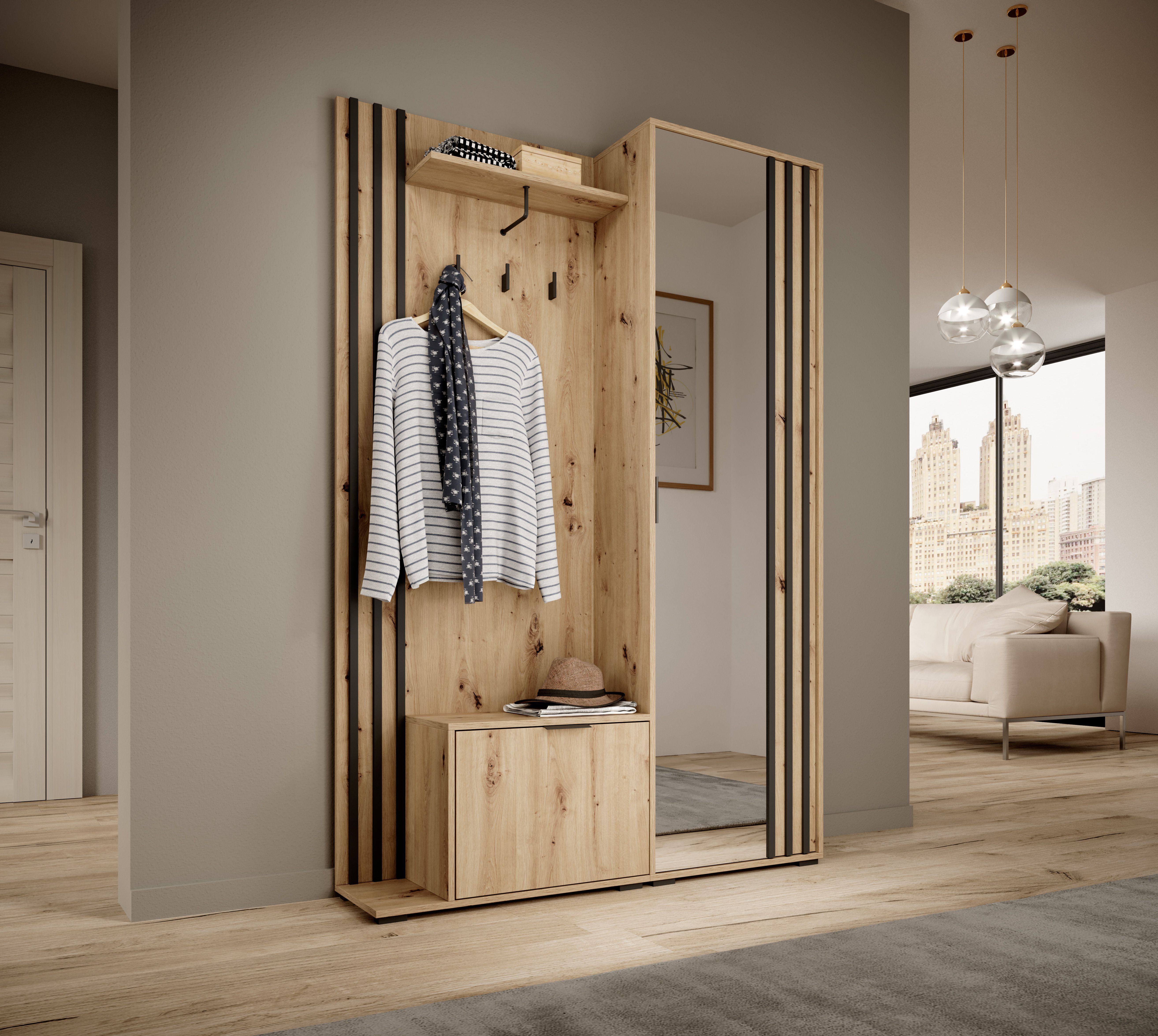 Vestiaire moderne avec porte miroir Leeds 01, couleur : chêne Artisan / noir - Dimensions : 192 x 131 x 40 cm (H x L x P)