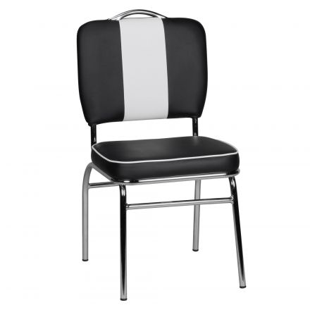 Chaise de salle à manger au design vintage, Couleur : Noir / Blanc / Chrome, avec assise et dossier rembourrés