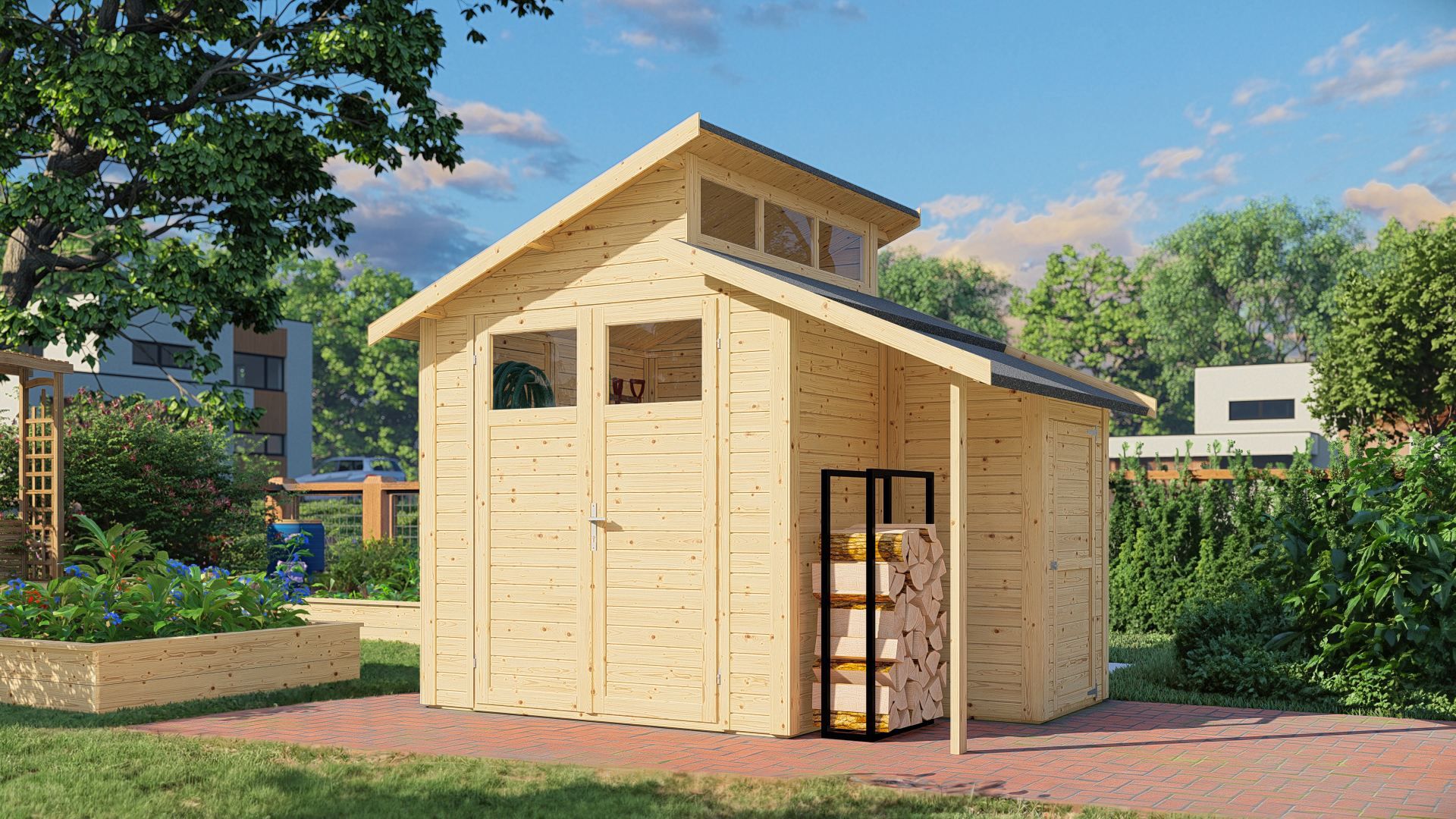 Abri de jardin / Abri de jardin avec annexe Puchheim 02 avec plancher, naturel - en éléments de 19 mm, Surface au sol : 5,86 m², Toit à double pente