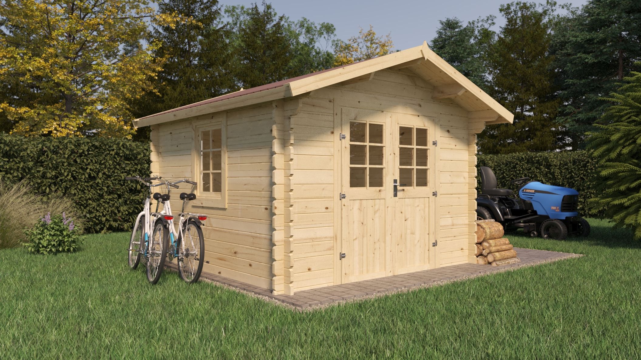 Abri de jardin Wiesentraum 01, Naturel, 34 mm maison en madriers, Surface 9 m², Toit en bâtière, avec 1 porte double et 1 fenêtre simple