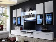 Grand meuble-paroi Bjordal 55, couleur : blanc brillant - dimensions : 190 x 300 x 45 cm (h x l x p), avec deux tiroirs