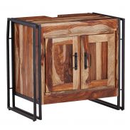 Meuble sous vasque en bois massif de Sheesham, couleur : Sheesham / Noir - Dimensions : 63 x 68 x 42 cm (H x L x P) avec découpe pour siphon