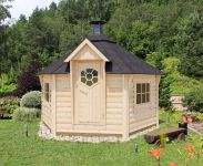 Cabane grill-sauna Eisenhut 02 - Dimensions : 376 x 326 x 310 cm (L x P x H), Surface au sol : 9 m², Toit en toile