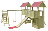 Tour de jeux K32 avec deux tours, toit en bardeaux, pont en bois, balançoire simple et bac à sable - Dimensions : 550 x 475 cm (L x l)