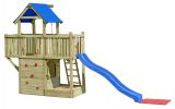 Tour de jeux K41 avec balcon, élément annexe, bac à sable, espace de rangement et toboggan ondulé - Dimensions : 620 x 185 cm (L x l)