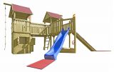 Tour de jeux K29 avec deux tours, toit en bardeaux, pont en bois et toboggan ondulé - Dimensions : 700 x 490 cm (L x l)
