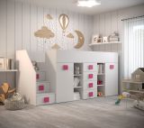 Lit fonctionnel / lit d'enfant / lit surélevé avec espace de rangement et bureau Jura 76, couleur : blanc / rose - dimensions : 123 x 248,5 x 93 cm (h x l x p)
