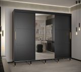 Armoire moderne à portes coulissantes avec une porte miroir Jotunheimen 84, couleur : noir - Dimensions : 208 x 250,5 x 62 cm (H x L x P)