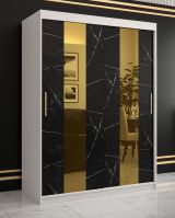 Armoire à vêtements avec grand espace de rangement Hochfeiler 09, Couleur : Blanc / Marbre noir - Dimensions : 200 x 150 x 62 cm (h x l x p), avec deux miroirs et cinq casiers