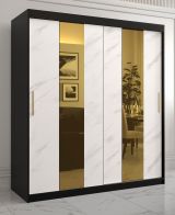 Armoire élégante Hochfeiler 14, Couleur : Noir / Marbre blanc - Dimensions : 200 x 180 x 62 cm (h x l x p), avec deux tringles à vêtements et deux miroirs