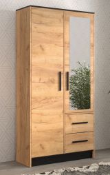 Armoire avec miroir Marmolada 14, Couleur : Chêne / Noir - Dimensions : 202 x 103 x 40 cm (h x l x p), avec deux portes et cinq casiers