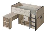 Lit fonctionnel / lit bébé / lit mezzanine - combinaison avec sommier, commode et bureau Elias 19, couleur : marron clair / gris - couchette : 90 x 200 cm (L x l)