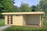 Abri de jardin Schönwipfel 01 avec toit rapporté, plancher inclus - Maison en madriers de 28 mm, Surface au sol : 16,8 m², Toit plat