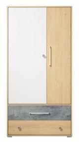Chambre de jeunes - Armoire à portes battantes / Armoire Modave 01, Couleur : Chêne / Blanc / Gris - Dimensions : 182 x 90 x 50 cm (H x L x P)