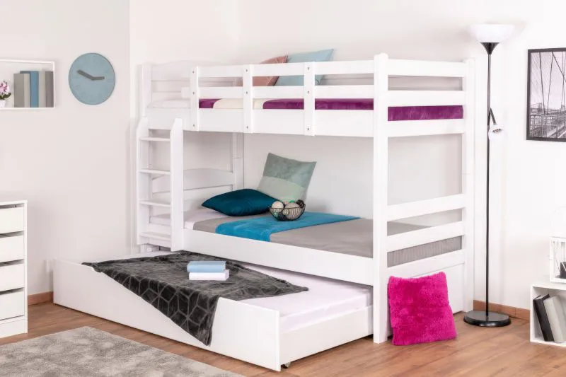 Lits superposés pour adultes "Easy Premium Line" K17/h avec couchette supplémentaire et 2 caches, 90 x 200 cm (L x P) Hêtre massif laqué blanc, convertibles
