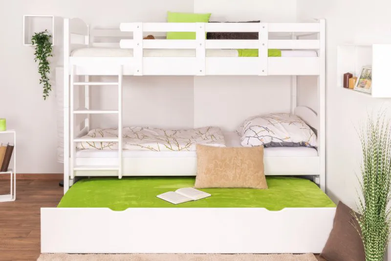 Lits superposés pour adultes "Easy Premium Line" K21/h avec couchage supplémentaire et 2 caches, tête et pied arrondis, hêtre massif blanc - Couchage : 90 x 200 cm, convertibles