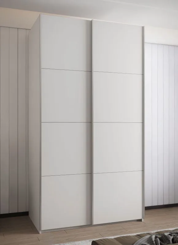 Armoire à portes coulissantes / Penderie / 6 compartiments / 245,5 x 140 x 64 cm / 2 tringles à vêtements / 2 portes coulissantes / 6 étagères / Soft-Close / Couleur : Blanc
