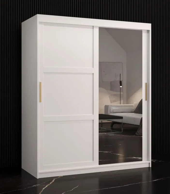Armoire avec porte miroir Liskamm 33 | Blanc mat | 200 x 150 x 62 cm | 5 étagères, 2 penderies