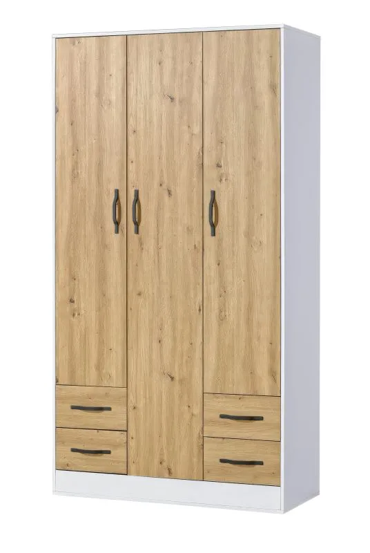 Armoire | Armoire à portes battantes | 3 portes | 120 x 50 x 225 cm | Couleur : chêne / blanc / noir | 3 portes | 4 tiroirs | 11 compartiments | 1 tringle à vêtements | Nalut 01