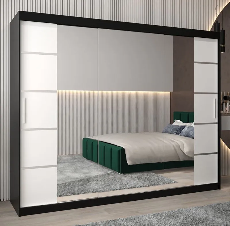 Armoire penderie à portes coulissantes Jan 06D avec miroir | Noir / Blanc mat | 200 x 250 x 62 cm
