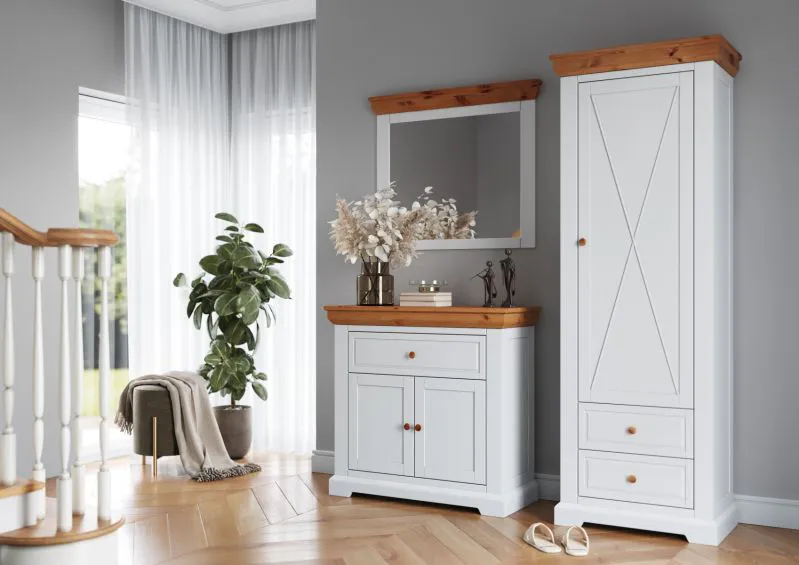 Ensemble complet de vestibule D Bresle, 3 pièces, en blanc / naturel, pin massif, avec armoire à chaussures, miroir, armoire, poignées rondes en bois, finition de haute qualité