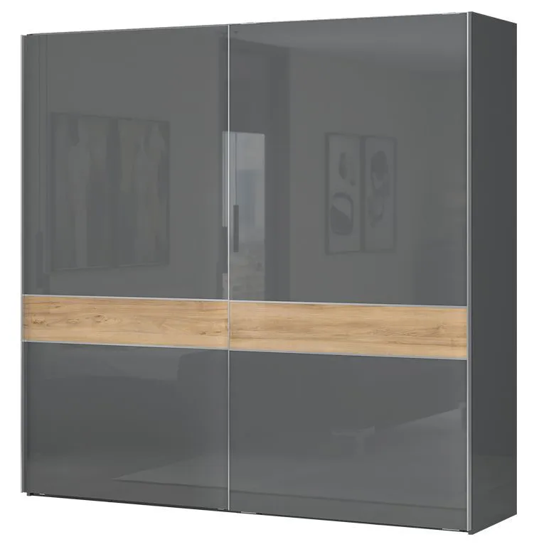 Armoire à portes coulissantes Vaitele 08 | Anthracite brillant & Noyer | 224 x 230 x 61 cm | Design contemporain