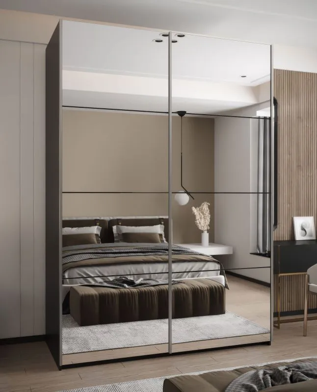 Armoire / Armoire à portes coulissantes | Couleur : noir | Miroir | 245,5 x 170 x 64 cm | 2 portes coulissantes | 11 compartiments | Fermeture en douceur | 2 tringles à vêtements