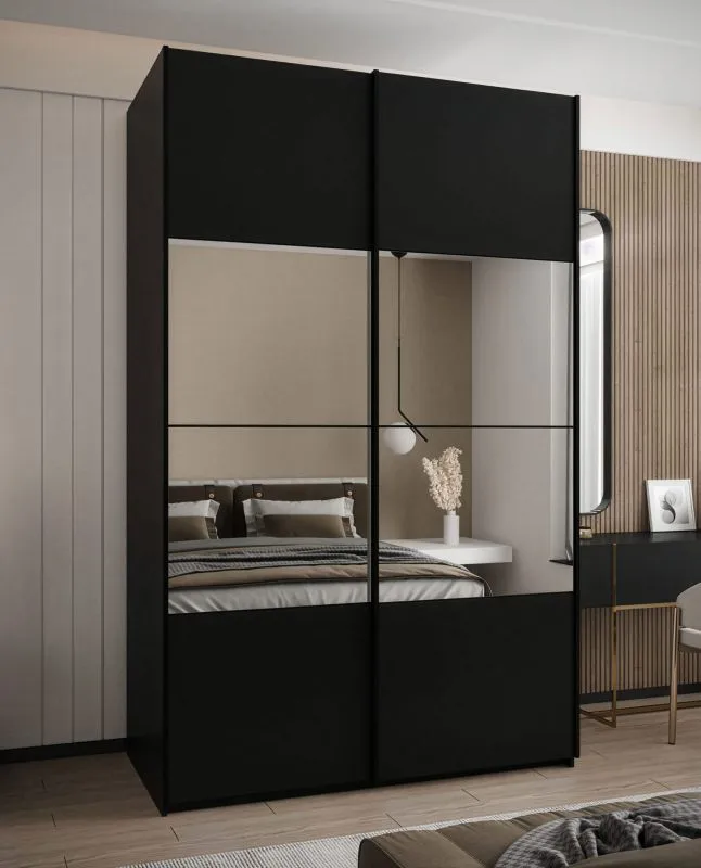 Penderie / Armoire à portes coulissantes / 2 portes coulissantes / 245,5 x 150 x 64 cm / 6 compartiments / Miroir / Fermeture en douceur / 2 tringles à vêtements / Couleur : Noir